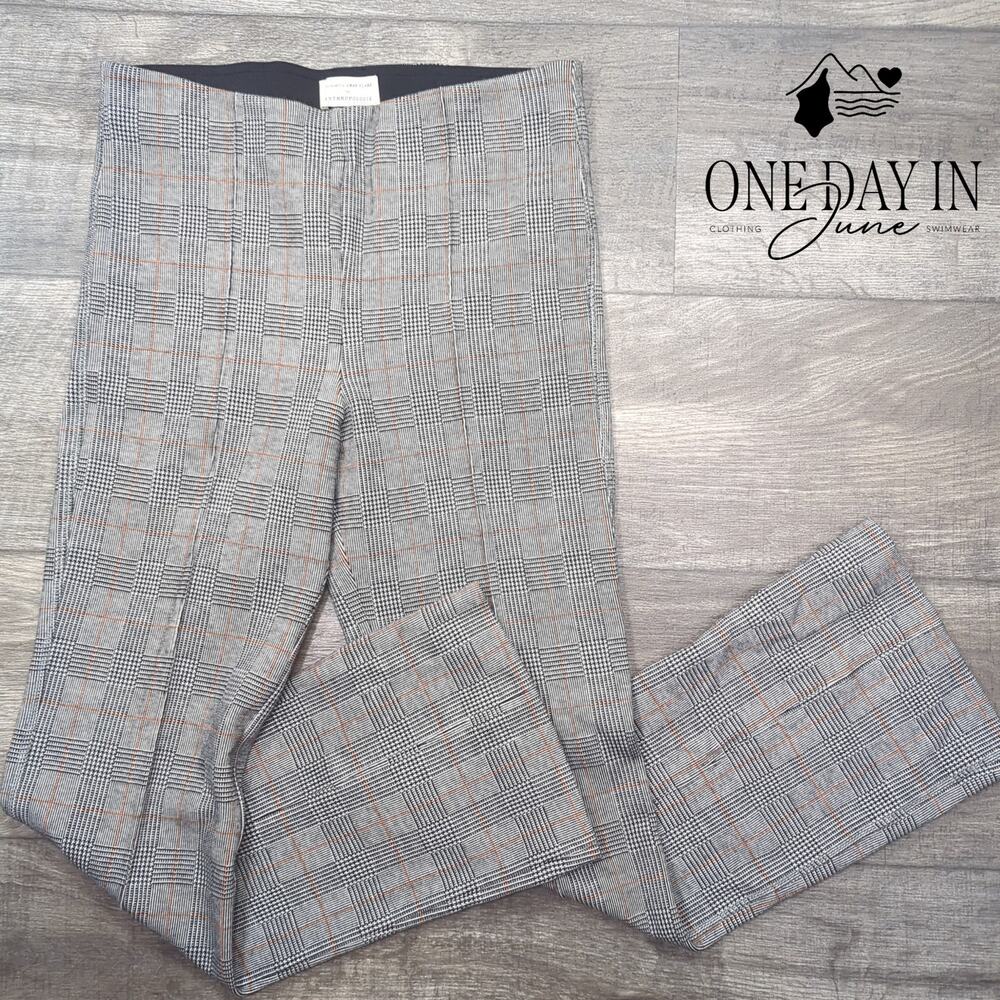 Anthropologie The Essential Crop Flare Pants Gray Plaid Orange Stretch Size 8